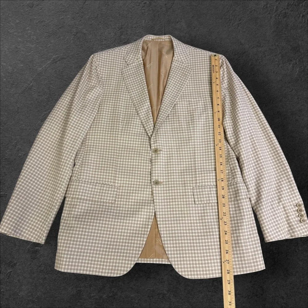 Kiton Napoli 100% Cashmere Gingham Sport Coat Blazer Tan White Mens 52‎ IT 42 US